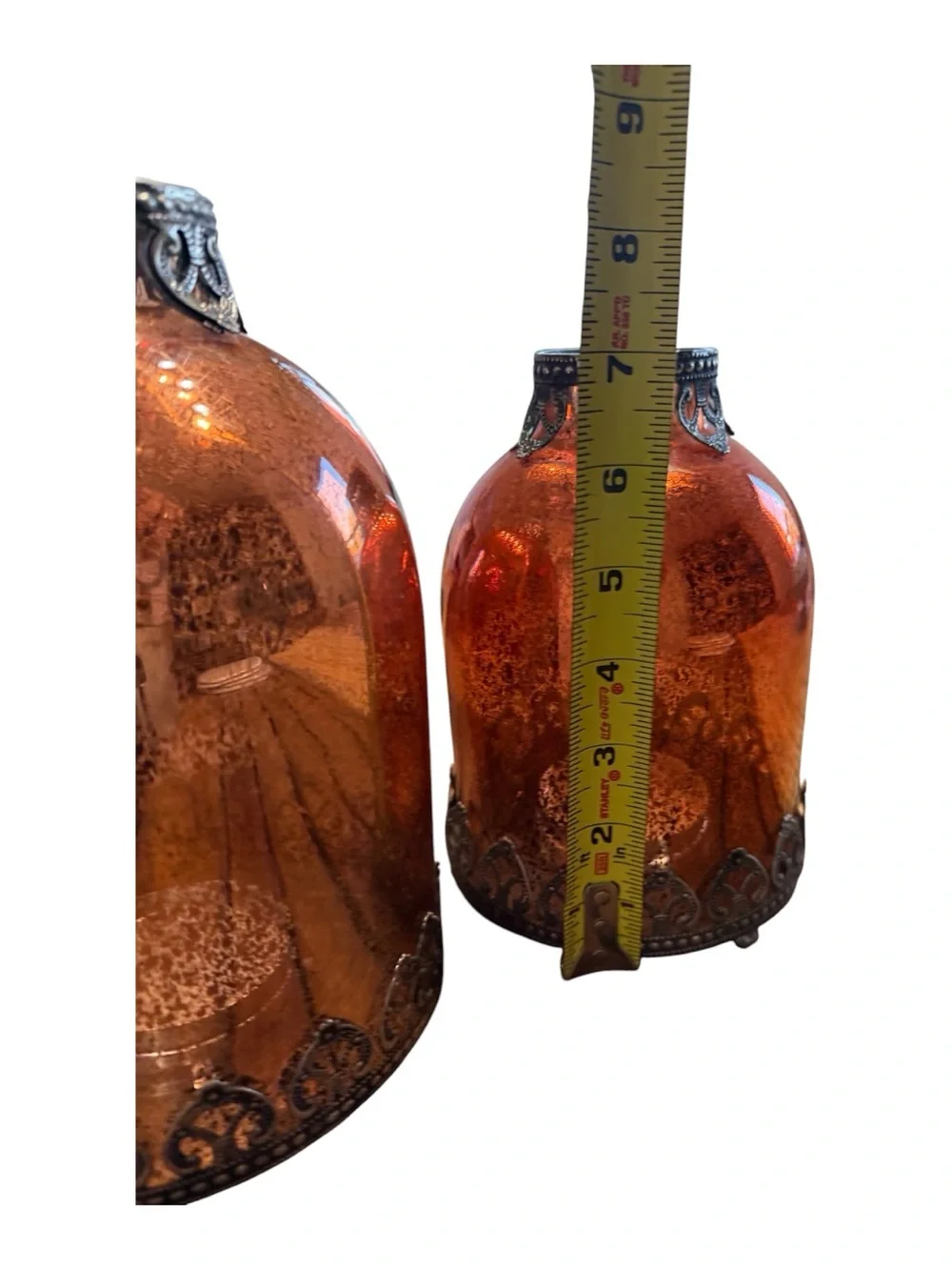 Set of 2 Amber Mercury Glass Candle Holders Boho Moroccan Metal Trim Vases